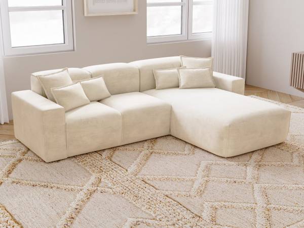 Ecksofa LENI Creme - Armlehne beidseitig montierbar - Ecke davorstehend rechts - Ottomane davorstehend rechts
