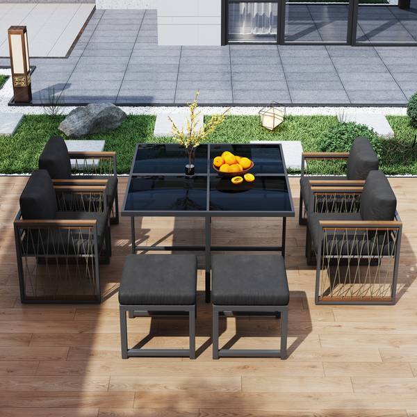 Gartenmöbelset Hephaestus 7-tlg Schwarz - Braun - Polyester - Webstoff - Akazie - Eisen - 158 x 74 x 230 cm