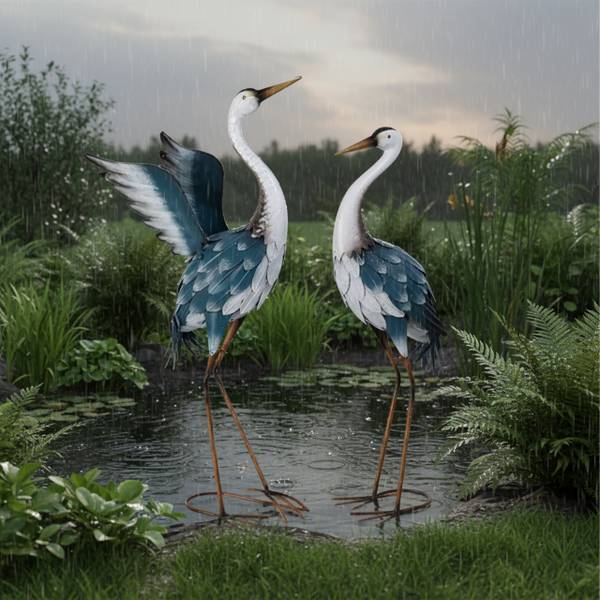 Gartendeko Figur Reiher 2er Set Blau - Braun - Weiß - Eisen - 44 x 74 x 20 cm