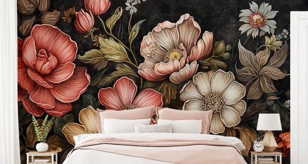 Papier Peint FLEURS Feuilles Style Rétro 368 x 254 x 254 cm