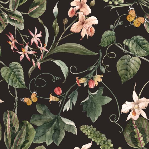 Tapete Aquarell BLÄTTER Blumen Natur Beige - Schwarz - Grün - Rot - Fleece - 53 x 1000 x 1000 cm