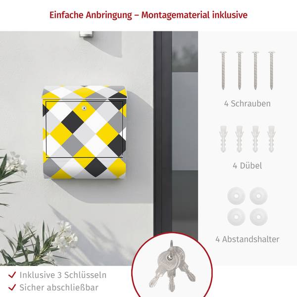 Briefkasten Geometrisches Schachbrett Grau - Stahl - 39 x 46 x 13 cm