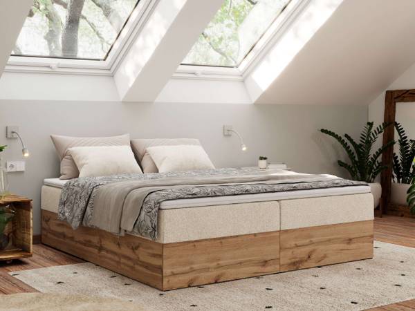 Boxspringbett WOOD ZERO Creme - Cremeweiß - H3 - Strukturstoff - Polyester - Webstoff - Liegefläche Breite: 140 cm