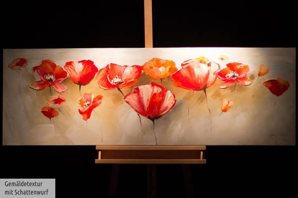 Acrylbild Handgemalt Mohnblumen Sin Rot - Baumwollstoff - 150 x 50 x 4 cm