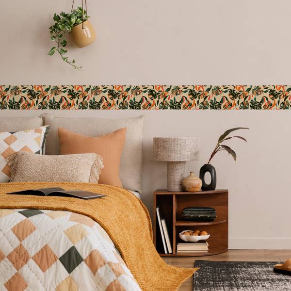 Tapetenbordüre Monstera-Blätter Pflanzen Beige - Schwarz - Grün - Orange - Fleece - 10 x 300 x 300 cm