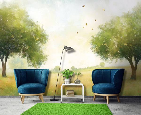 Fototapete 3D Effekt Wiese Bäume Pastell 350 x 250 cm