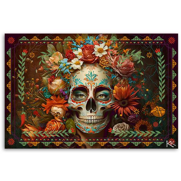 Tableau déco crâne avec des fleurs 60 x 40 cm