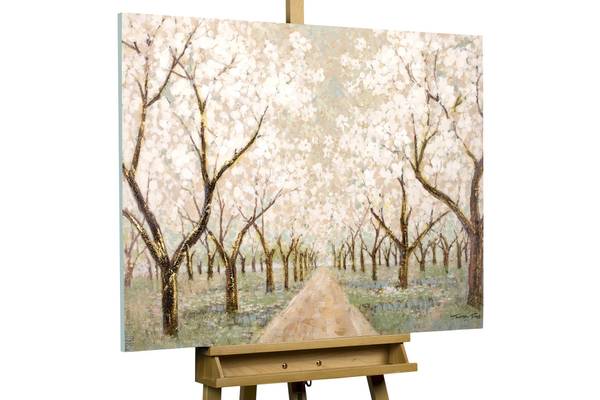 Tableau peint à la main Allée en Fleurs Marron - Blanc - Coton - 100 x 75 x 4 cm