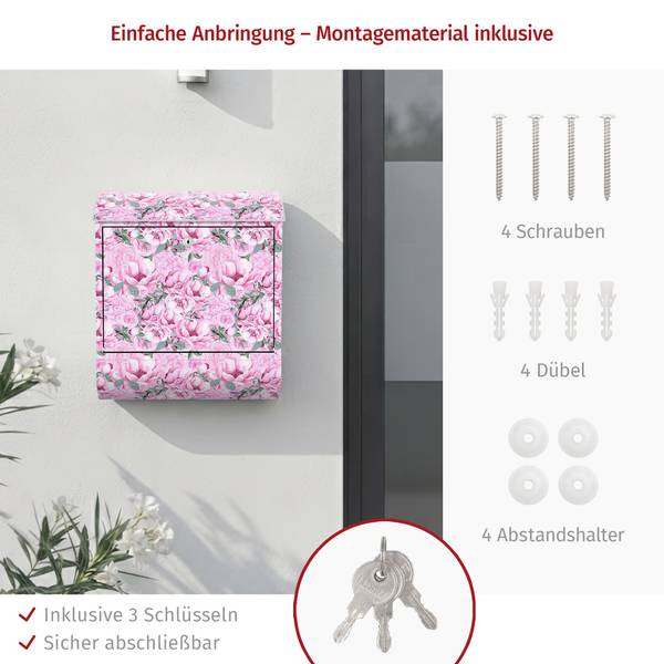 Briefkasten Blütentraum Rosen Aquarell Pink - Stahl - 39 x 46 x 13 cm