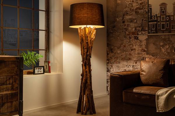 Stehlampe HARMONY NATURE Schwarz - Braun - Gold - Baumwollstoff - Wolle - Teakholz - 50 x 151 x 50 cm