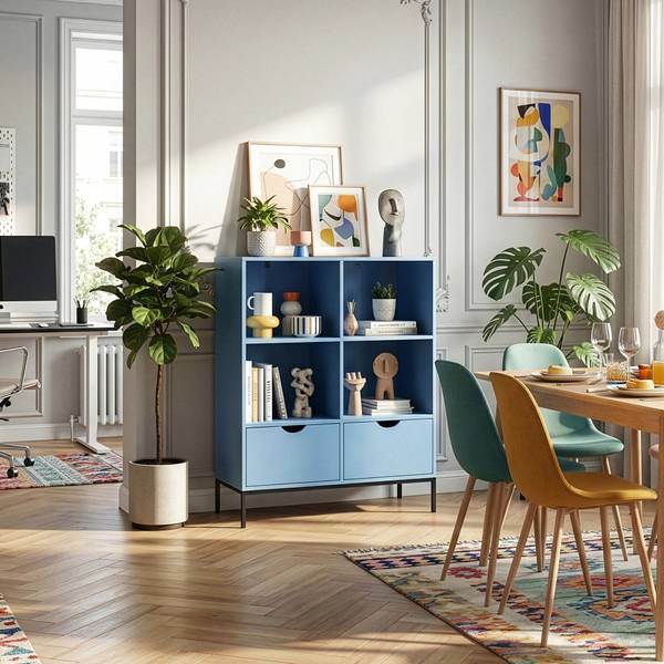 Bibliothèque Colwyn Bleu - Bois manufacturé - Métal - 80 x 105 x 40 cm