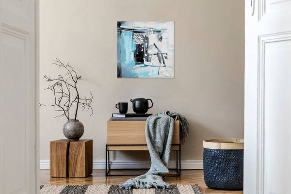 Tableau peint à la main Abstrait Vero Gris - Turquoise - Coton - 80 x 80 x 4 cm