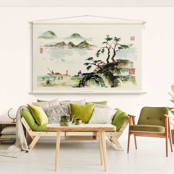 Wandteppich Zeichnung See und Berge 90 x 60 cm
