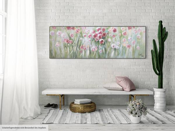 Acrylbild Handgemalt Blüten Zex Grün - Pink - Baumwollstoff - 150 x 50 x 4 cm