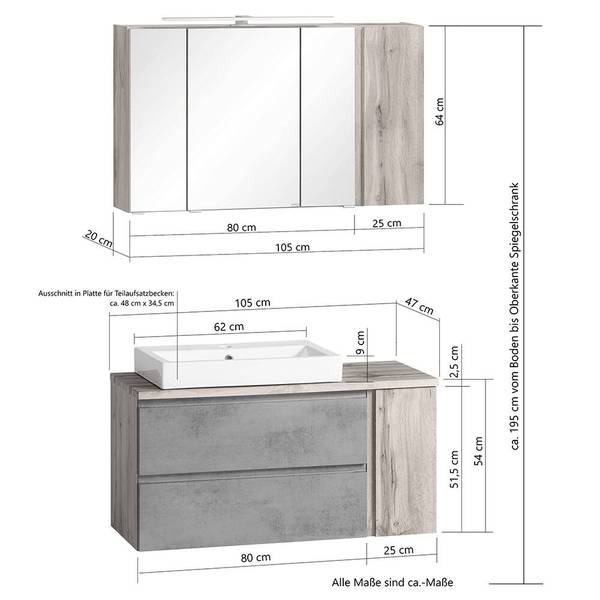 Badmöbel-Set VASTO-03-7 2er-Set Braun - Grau - Holzwerkstoff - 105 x 200 x 47 cm