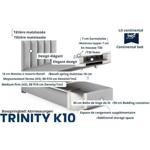 BOXSPRINGBETT Trinity K10 Single Creme - Breite: 90 cm
