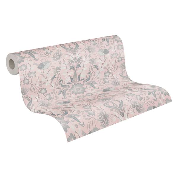 Tapete Floral Rosa Grau Weiß Grau - Rosé - Weiß