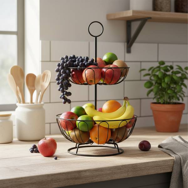 Obstkorb Etagere 2-stöckig Schwarz - Eisen - 28 x 43 x 28 cm