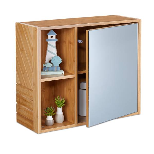 Badkamer spiegelkast met vakken bruin - bamboe - plaatmateriaal op houtbasis - glas - 55 x 45 x 20 cm