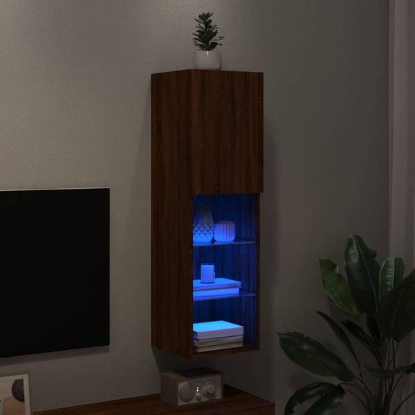 TV-Schrank mit LED-Leuchten D215 Eiche Schwarzbraun Dekor
