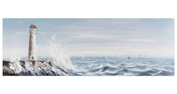 Acrylbild Handgemalt Leuchtturm Jec Blau - Weiß - Baumwollstoff - 150 x 50 x 4 cm