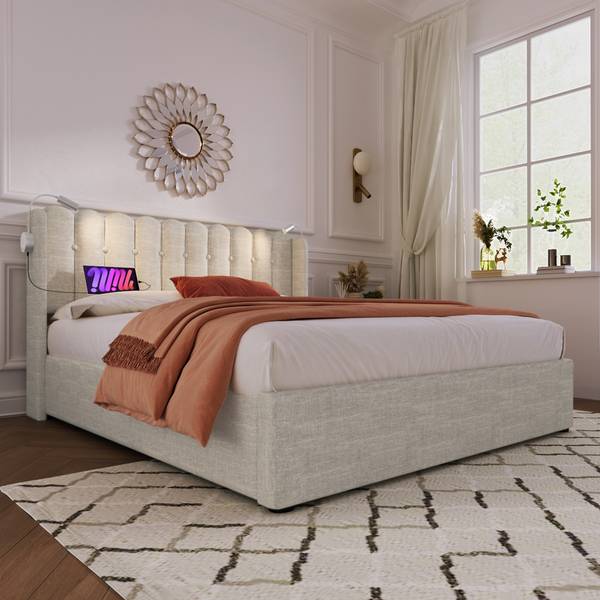 Polsterbett mit Matratze-BB616 Beige - Massivholz - 165 x 103 x 206 cm