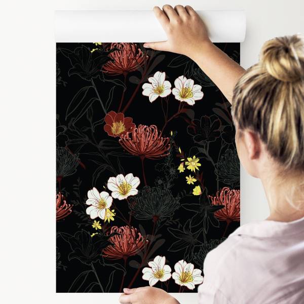 Papier Peint FLEURS Plantes Nature Noir - Gris - Rouge - Blanc - Polaire - 53 x 1000 x 1000 cm