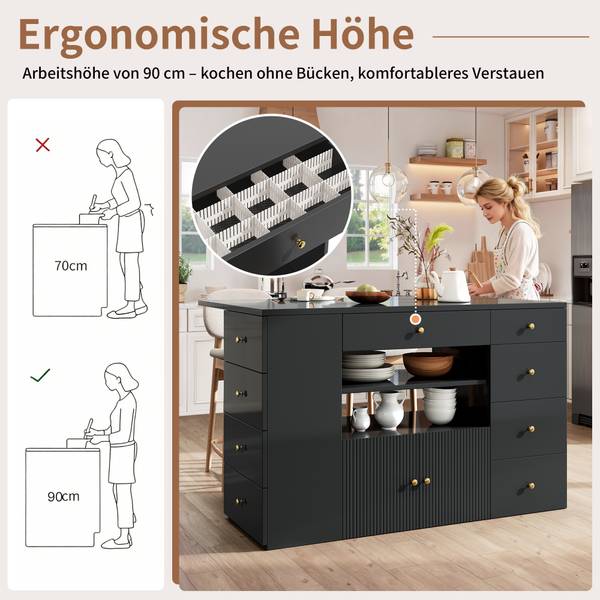 Kücheninsel mit Barhocker Thetis Ⅵ Schwarz - Holzwerkstoff - Metall - 70 x 91 x 140 cm