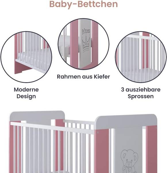 Babybett Princess Pink - Kiefer - 65 x 100 x 123 cm