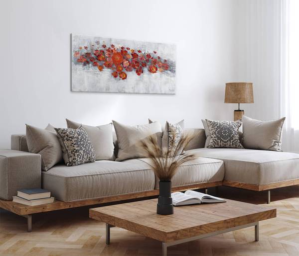 Acrylbild Handgemalt Rosen Sin Grau - Rot - Baumwollstoff - 120 x 60 x 4 cm