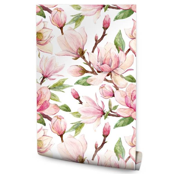 Tapete Blumen MAGNOLIEN Knospen Aquarell Braun - Grün - Pink - Weiß - Fleece - 53 x 1000 x 1000 cm