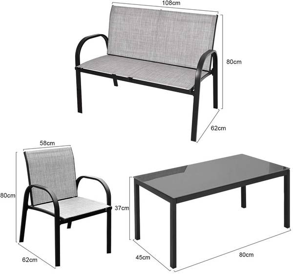 4 TLG. Terrassenmöbel Grau - Metall - 45 x 37 x 80 cm