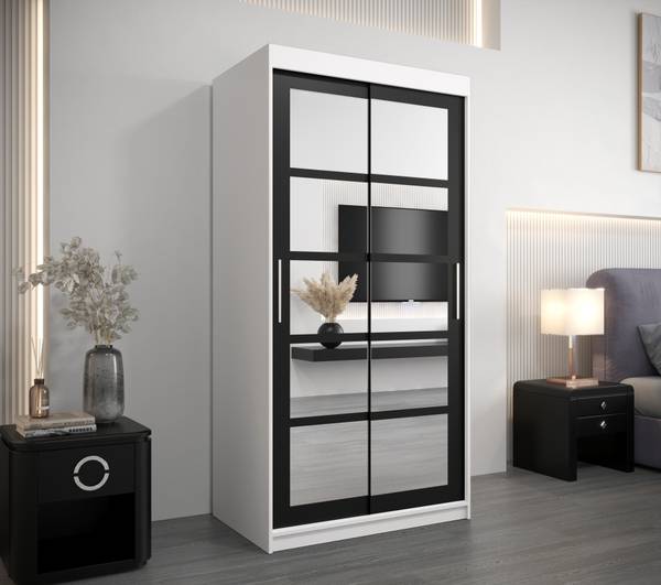 Armoire à portes coulissantes Roma Noir - Blanc - Largeur : 100 cm - 2 porte