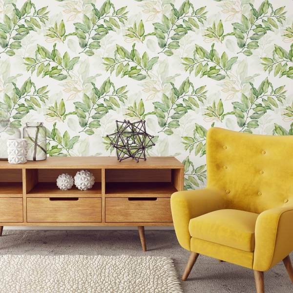 Papier Peint FEUILLES Aquarelle Nature Beige - Vert - Blanc - Polaire - 53 x 1000 x 1000 cm