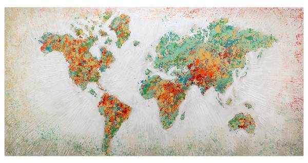 Acrylbild Handgemalt Weltkarte Jec Baumwollstoff - 140 x 70 x 4 cm