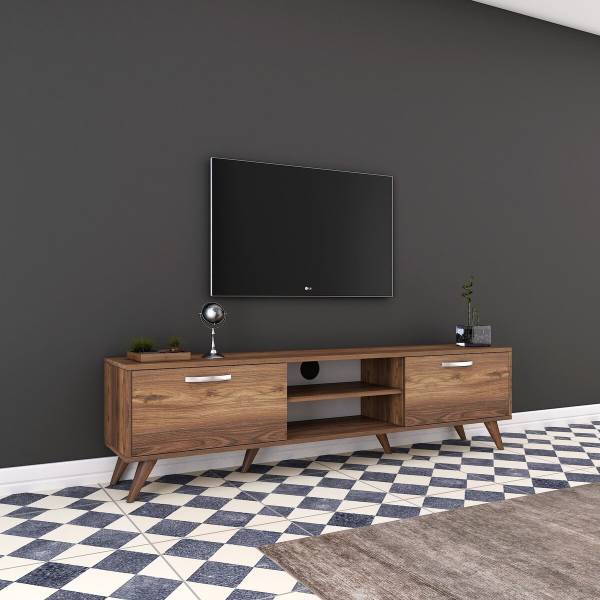 Meuble TV 2 portes rabattables 2 niches Imitation noyer