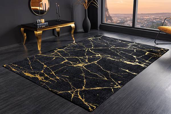 Teppich MARBLE Schwarz - Gold - Flachgewebe - Polyester - Wolle - Marmor - 240 x 1 x 160 cm