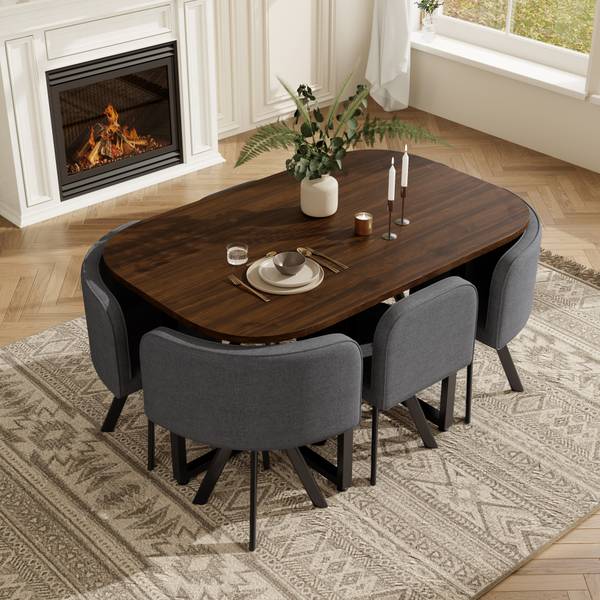 Essgruppe LineMU (7er Set) Grau - Walnuss Dekor