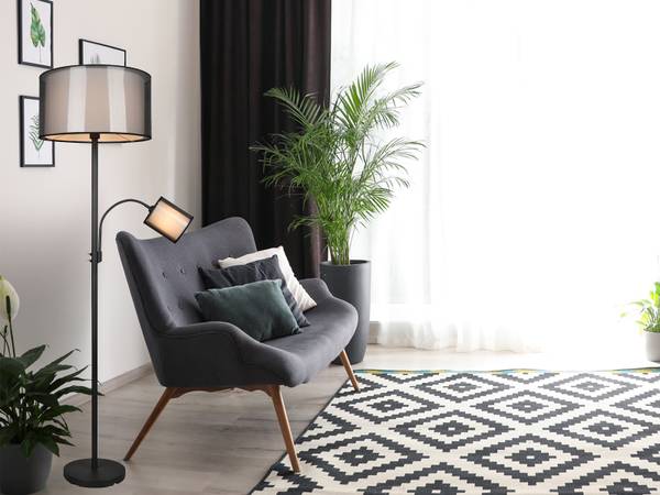 Stoff Stehlampe mit Leselampe groß Silber - Weiß - Metall - Textil - 45 x 174 x 45 cm