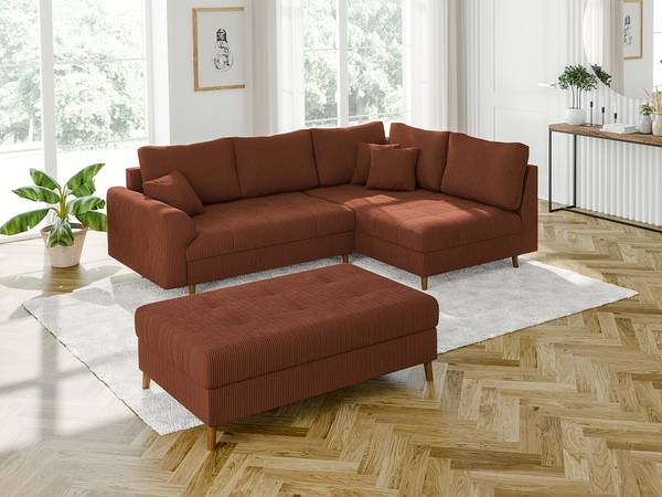 Ecksofa und Hocker Neo, Cord-Stoff Rubinrot - Ecke davorstehend rechts