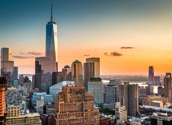 Fototapete Skyline New York City Blau - Grau - Orange - Weiß - Vinyl - 350 x 255 x 1 cm
