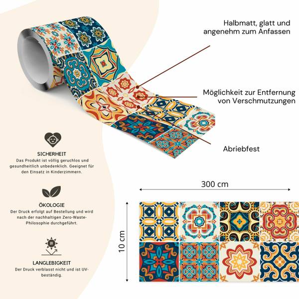 Behangrand Kleurrijke MOZAÏEK Ornamenten beige - zwart - blauw - rood - vlies - 10 x 300 x 300 cm