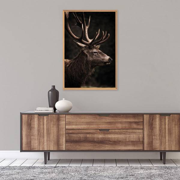 Tableau mural mat encadré cerf Noir - Acacia - 95 x 65 x 3 cm