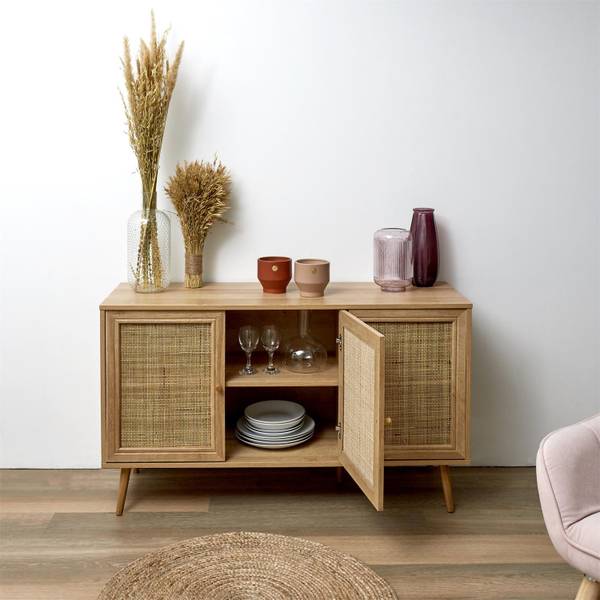 Kommode Tivo Beige - Rattan - Holz teilmassiv - 119 x 11 x 41 cm