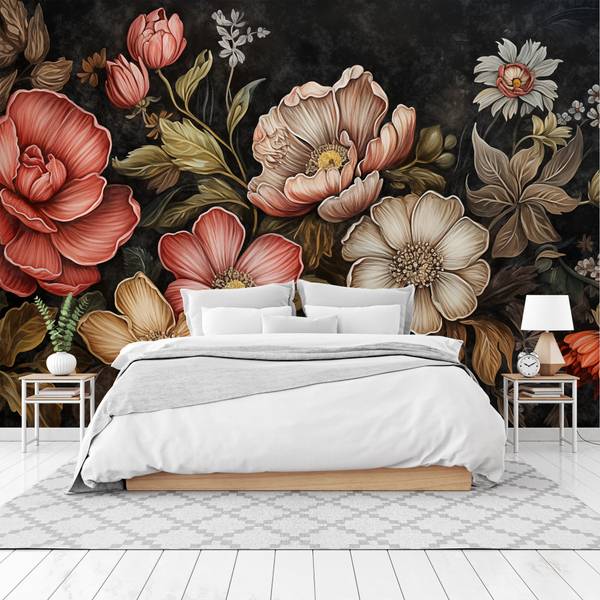 Papier Peint FLEURS Feuilles Style Rétro 368 x 254 x 254 cm