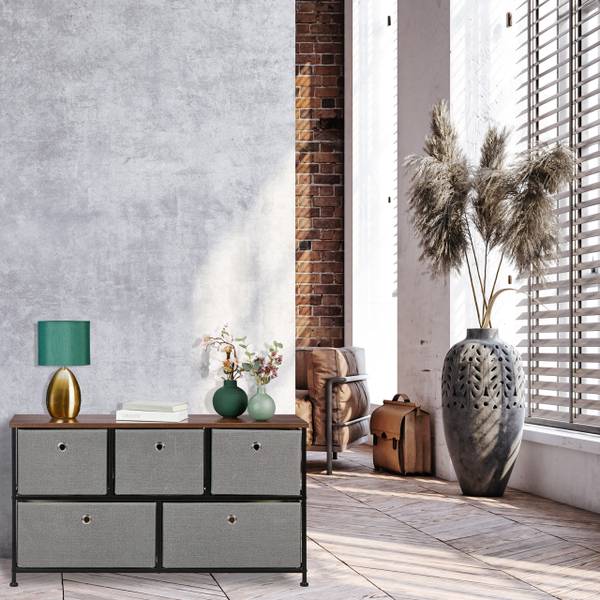 Commode à 5 tiroirs style industriel Noir - Marron - Gris - Polyester - Acier - 100 x 55 x 30 cm