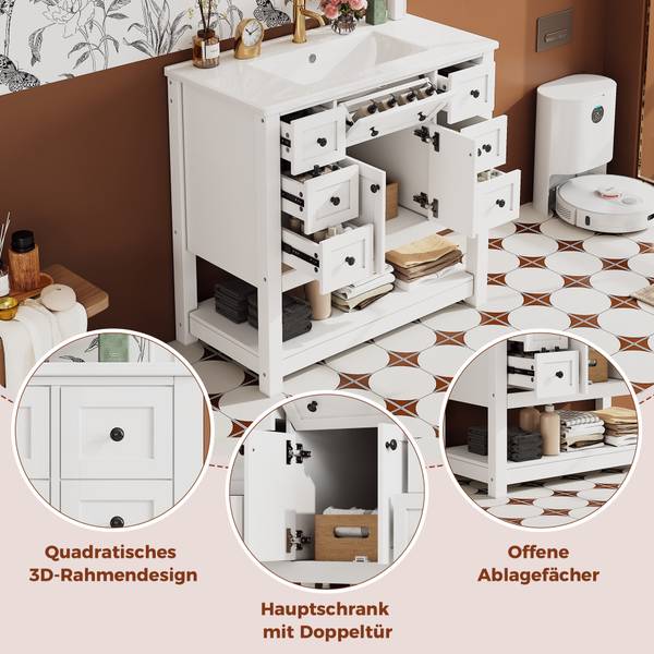 Waschtisch Aphrodite Ⅷ Weiß - Holzwerkstoff - Porzellan - Massivholz - 47 x 90 x 92 cm