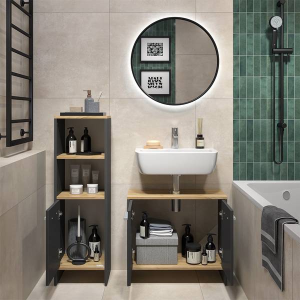Badezimmermöbel-Set Karli 57971 2er Set Anthrazit - Eiche Dekor