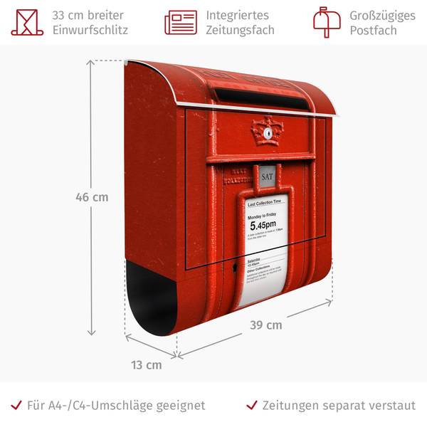 Länderbriefkasten UK Rot - Stahl - 39 x 46 x 13 cm
