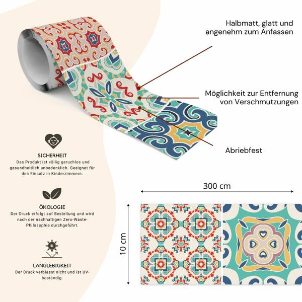 Bande Décorative Tuiles Portugaises Bleu - Vert - Rouge - Blanc - Polaire - 10 x 300 x 300 cm